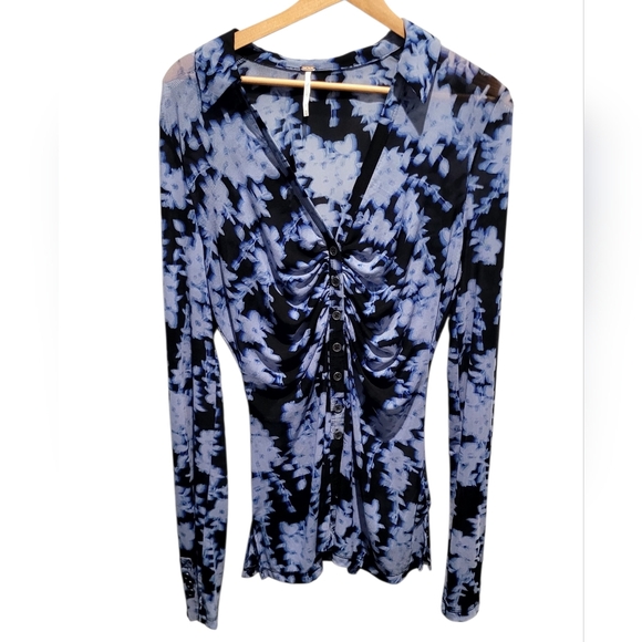 Free People Tops - Free People Lucky Shirtee Mesh Ruched Floral Button Up Top Blue Medium